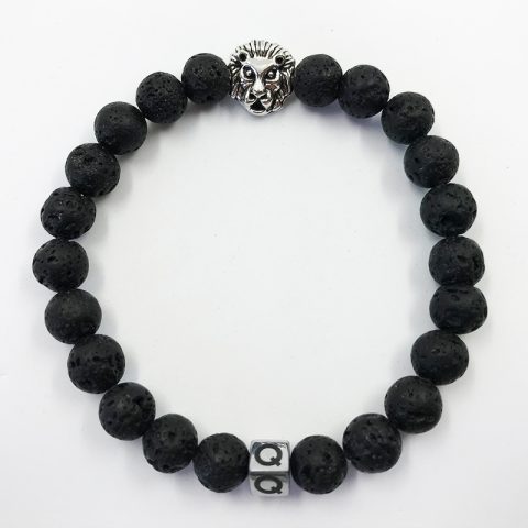 Silver Lion Black Lava Beads Bracelet