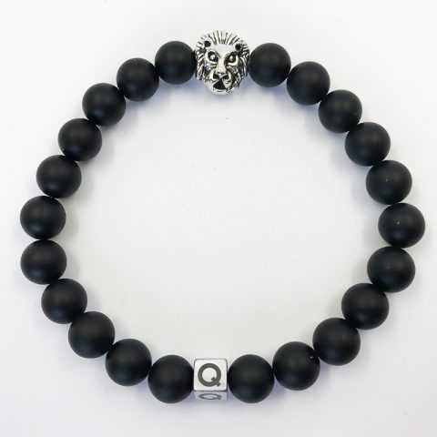 Silver Lion Polished Black Lava Beads Bracelet