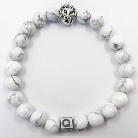 Silver Lion White Marble Beads Bracelet